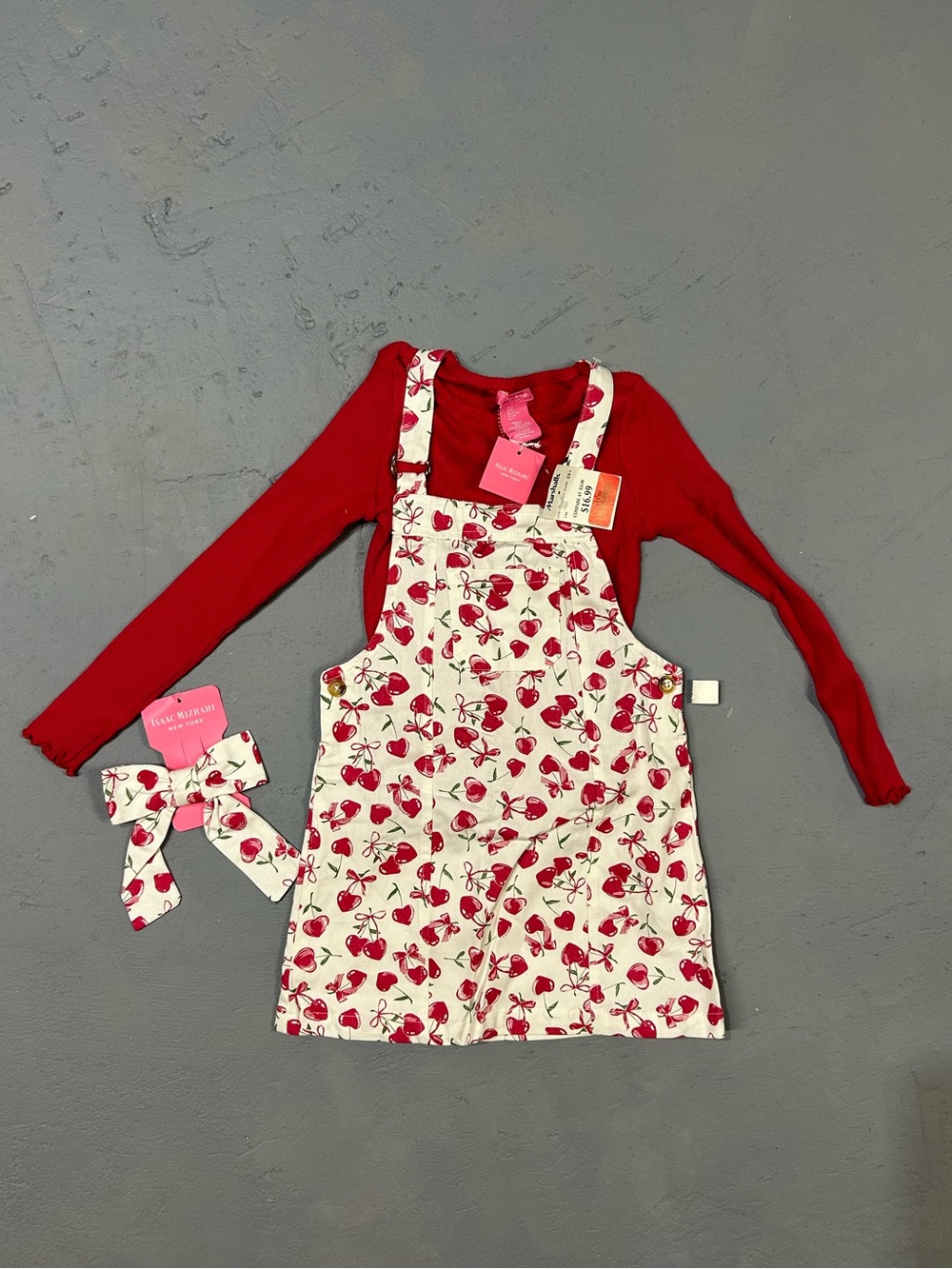 Girls Red Top with Cream Cherry Print Pinafore and Matching Hair Bow 5T NWT